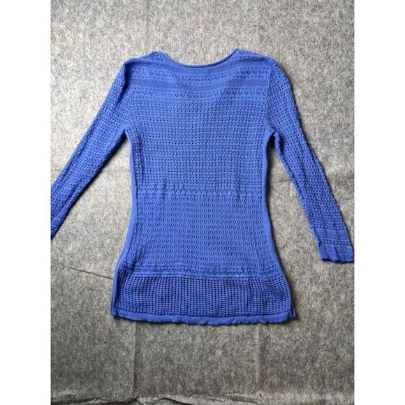 Talbots Sweater Women's Small Blue 100% Cotton Crochet Long Sleeve V-Neck Slit - Picture 8 of 10